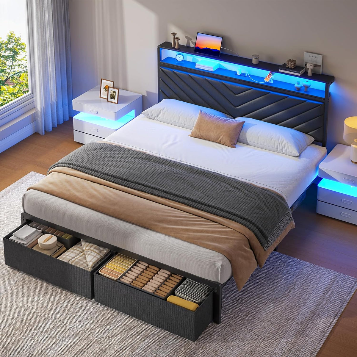 fluest queen bed frame with 2 drawers, upholstered showing dimensions