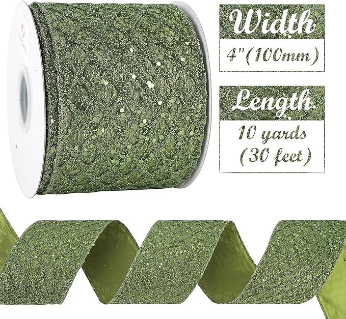 HUIHUANG Moss Green Wired Christmas Ribbon 4 inch Moss Glitter Wired Ribbon - Image 3