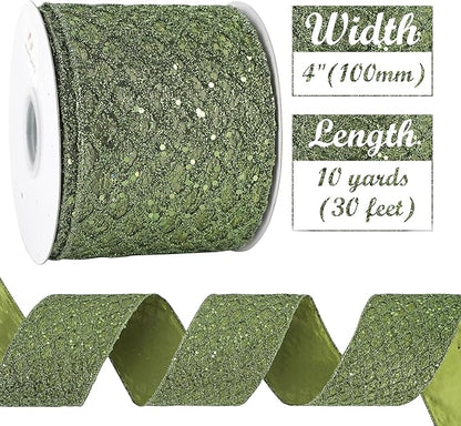 HUIHUANG Moss Green Wired Christmas Ribbon 4 inch Moss Glitter Wired Ribbon - Image 3