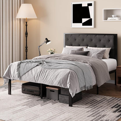 sha cerlin queen size metal bed frame and, front angle view