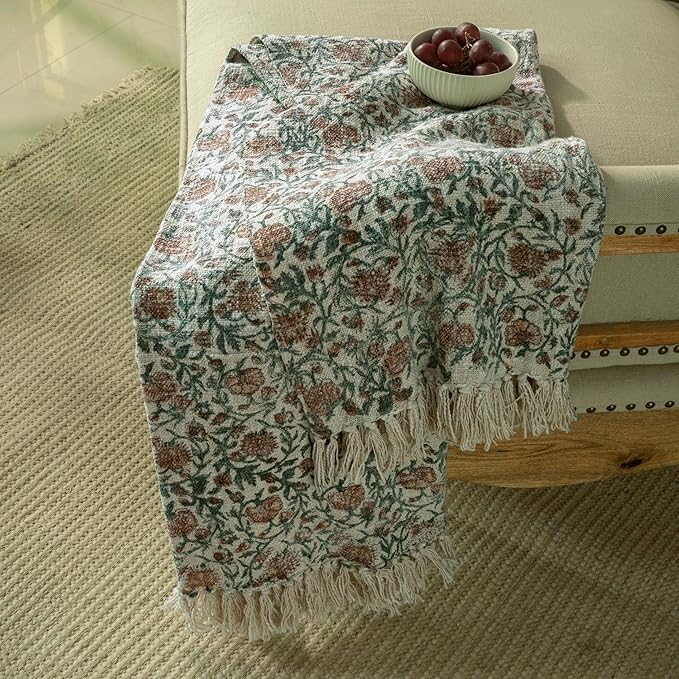 100% Pure Cotton Handblock Printed Throw Blanket, Soft 50" x 60" Fringed Floral - Image 3
