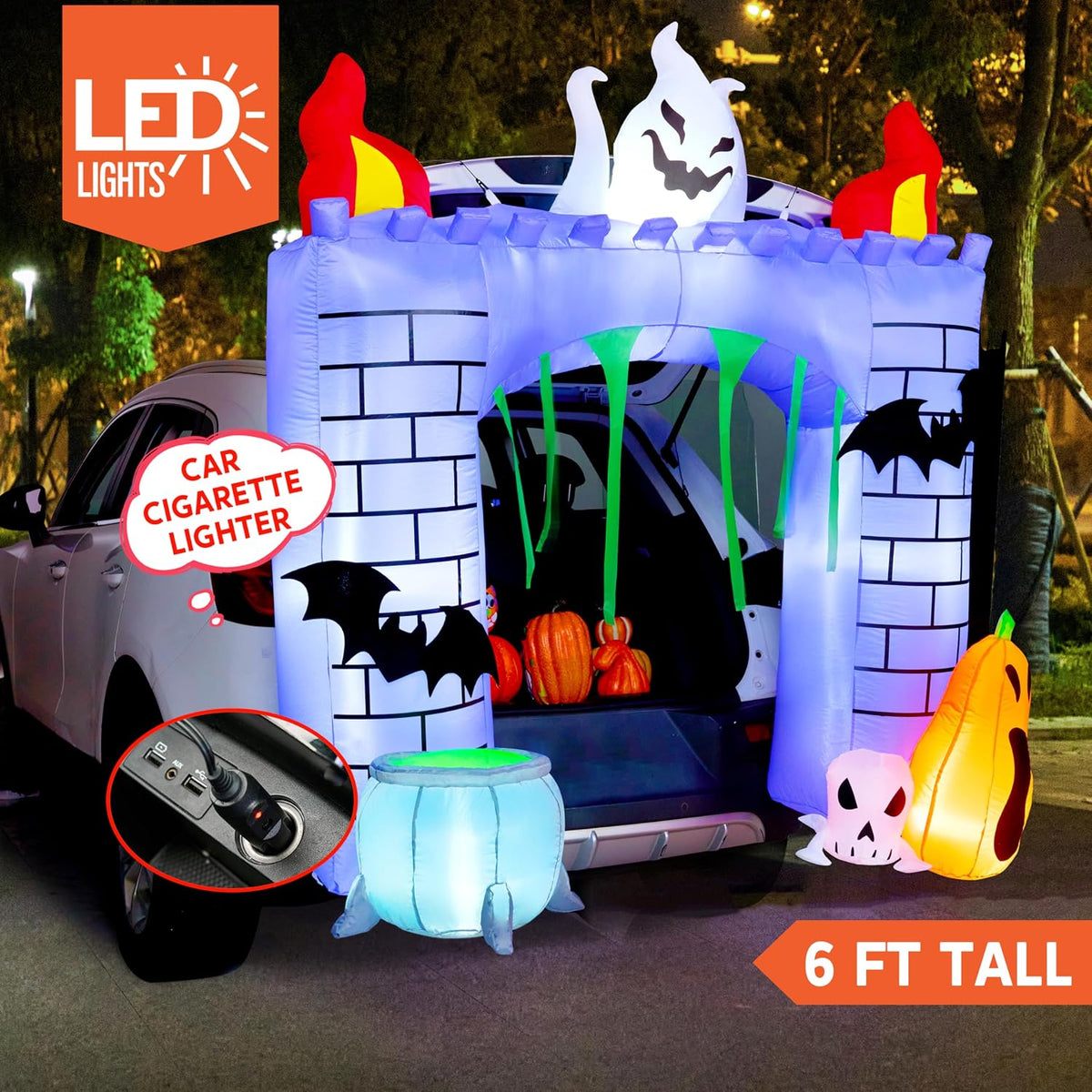 Joiedomi 6 ft Halloween Inflatable Outdoor Decorations, Trunk or Treat Car Decorations, Halloween Blow Ups Haunted Castle with Build-in LEDs, Inflatable Pumpkin and Ghost for Outside Decor