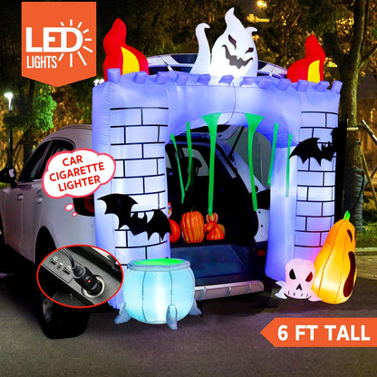 Joiedomi 6 ft Halloween Inflatable Outdoor Decorations, Trunk or Treat Car Decorations, Halloween Blow Ups Haunted Castle with Build-in LEDs, Inflatable Pumpkin and Ghost for Outside Decor