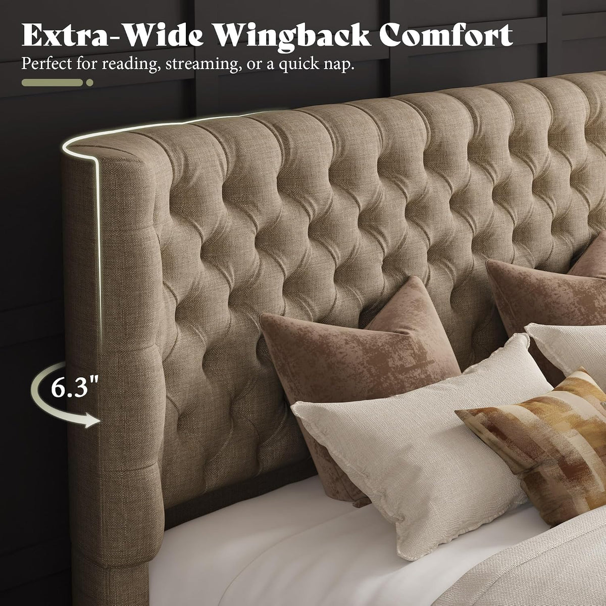 amerlife upholstered bed frame wingback headboard, queen size, front angle view