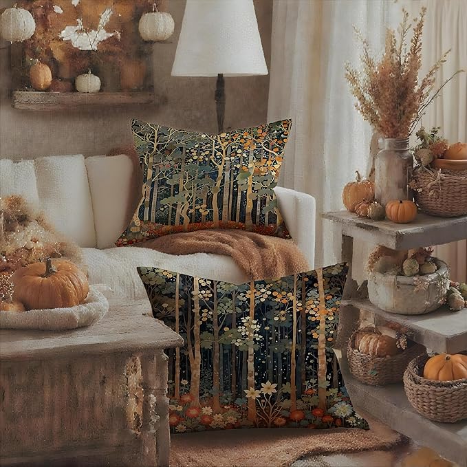 Rustic William Morris Inspired Autumn Forest Decor Throw Pillow Covers 18x18 - Image 3