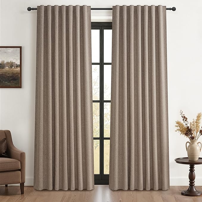 Dark Flax Black Out 92 Inch Long Boho Curtains 2 Panel Set, Farmhouse Curtain by QJMYDECO