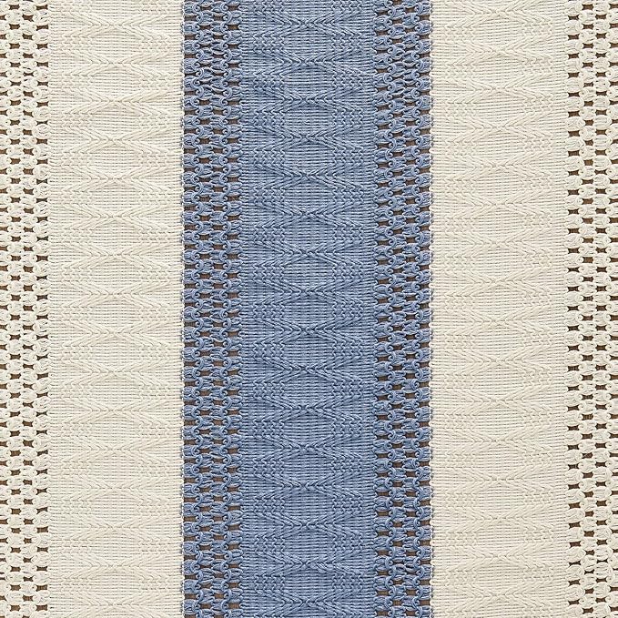 ZeeMart Macrame Style Bicolor Stitching Table Runner, 14 x 48 Inch Blue/Ivory - Image 6