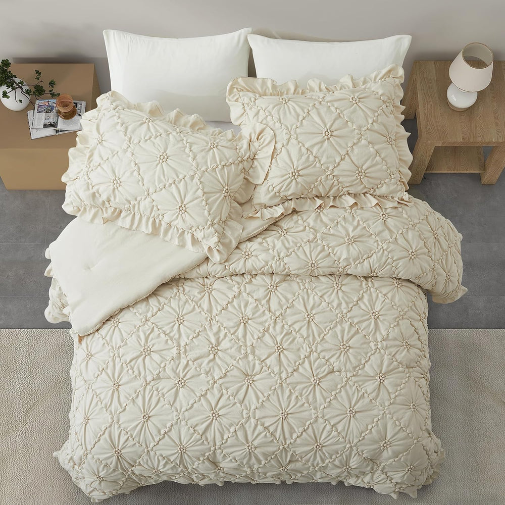 BEDAZZLED Queen Comforter Set, Beige Pinch Pleat Ruffle, 3 Pieces