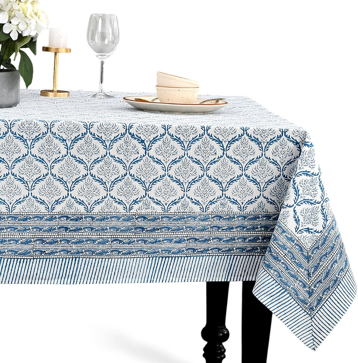 CPC Indigo Regal Tablecloth 100% Cotton 60x60 Inch Indian Block Print Rectangle Table Cover, Table Cloth for Gifting in Weddings, Halloween, Fall, Christmas, Thanksgiving