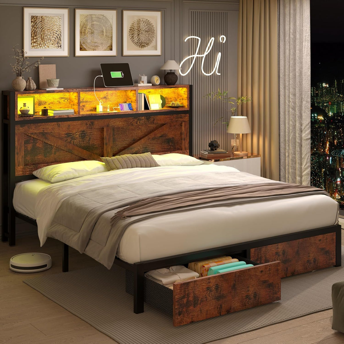 farmhouse full bed frame with storage bookcase headboard, side view