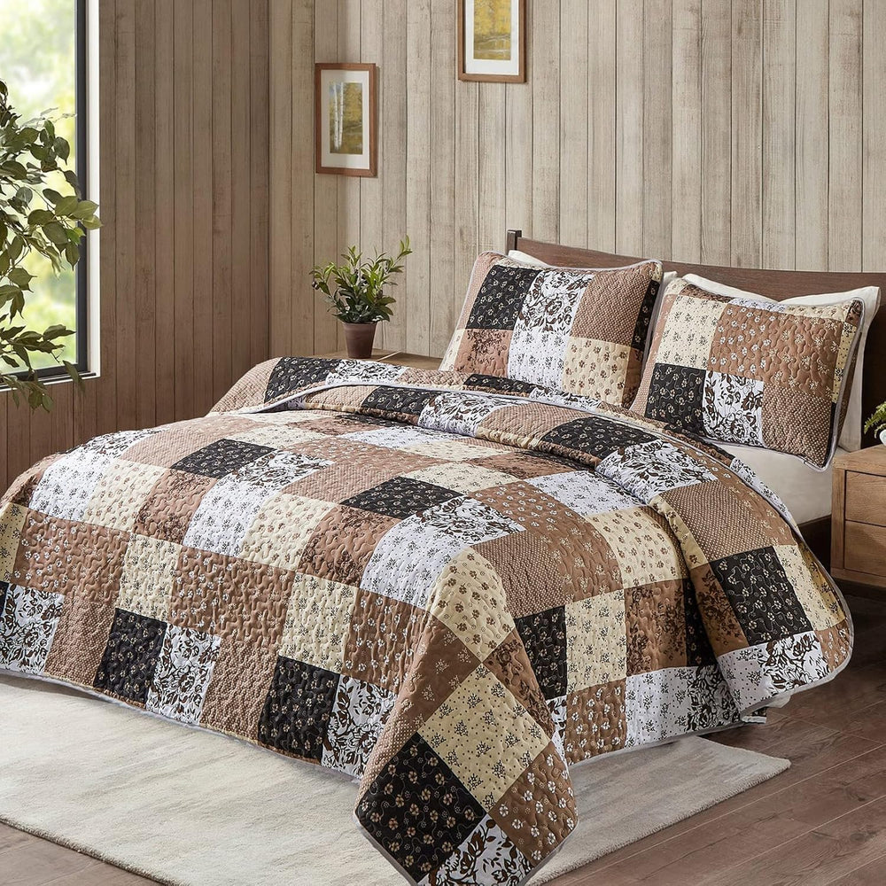 Mybedsoul Brown Quilt Set Full Size, Patchwork Floral Bedding Set