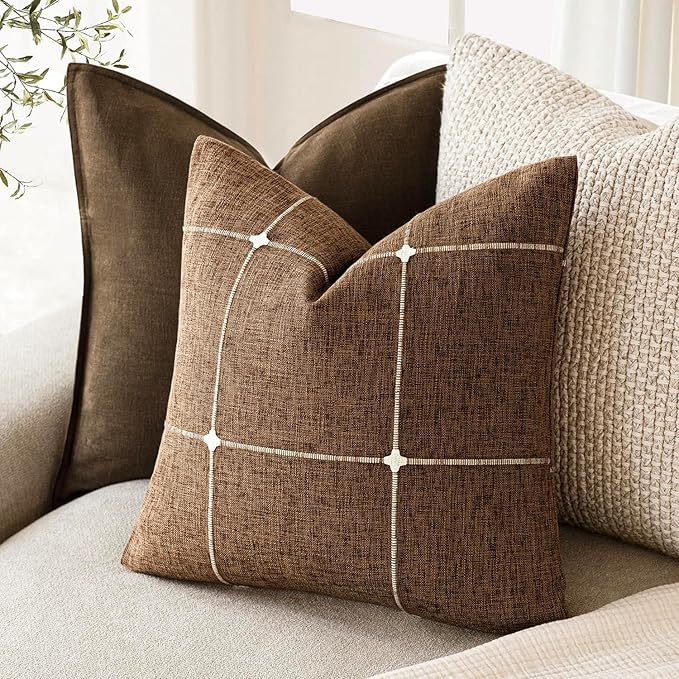 Foindtower Pack of 2 Decorative Faux Linen Jacquard Check Throw Pillow Covers - Image 5