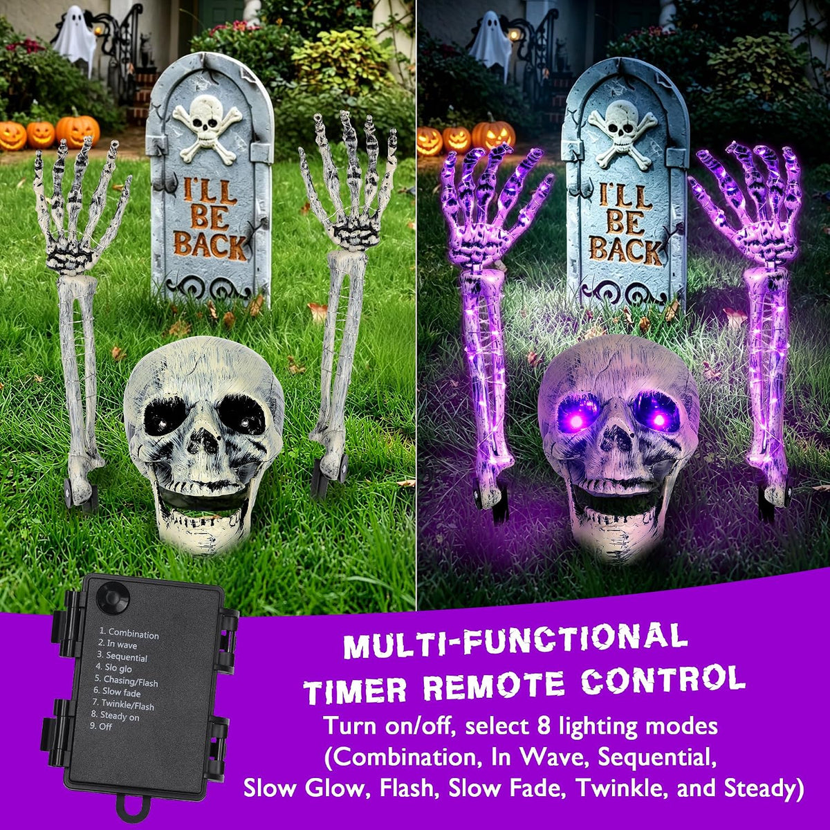Halloween Skeleton Decorations Outdoor, Light Up Skull Head & Skeleton Hands Stake Lights, Battery Operated Purple LED Halloween Skull Decorations for Yard Lawn Garden Graveyard & Haunted House Decor