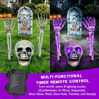 Halloween Skeleton Decorations Outdoor, Light Up Skull Head & Skeleton Hands Stake Lights, Battery Operated Purple LED Halloween Skull Decorations for Yard Lawn Garden Graveyard & Haunted House Decor