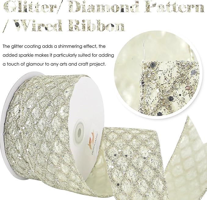 HUIHUANG Champagne Glitter Wired Ribbon - Image 2