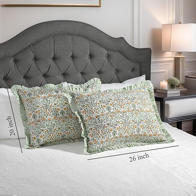 Ridhi Goldenrod Yellow 100% Cotton Block Print Ruffle Bed Sham Cover 20''×26'' - Image 4