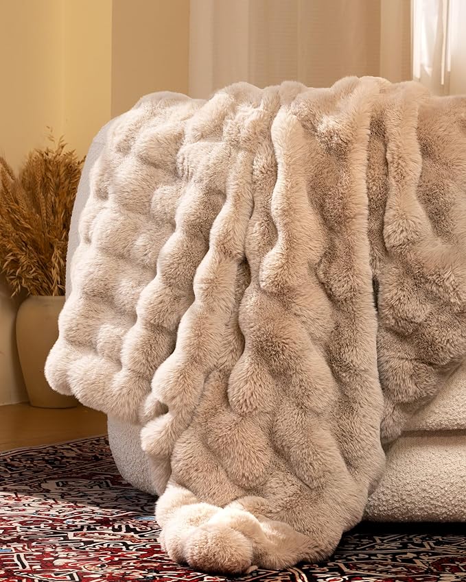 Ultra Soft Cozy Faux Fur Throw Blanket, Fuzzy Plush Thick Bubble Blanket - Image 2
