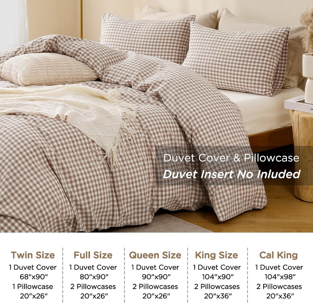 TOCOMOA Tan Gingham Duvet Cover Bedding Set Washed Cotton Like Linen, King