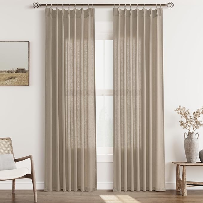 Light Taupe Pinch Pleat Linen Curtains 84 Inch Length 2 Panels Set by Aersas
