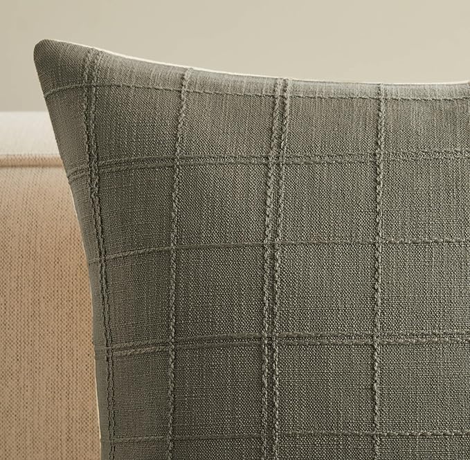 ZeeMart Linen Checked Throw Pillow Covers Set of 2, 20x20 Inch Olive/Cream - Image 2