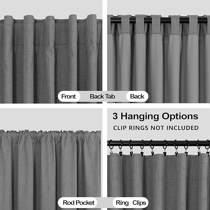 KOUFALL Grey Curtains 132 Inches Long Blackout Linen Back Tab Black Out Pleated - Image 4