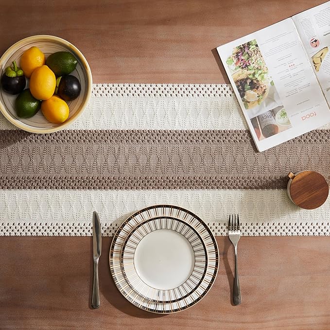 ZeeMart Macrame Style Bicolor Stitching Table Runner, 14 x 108 Inch Cocoa - Image 4