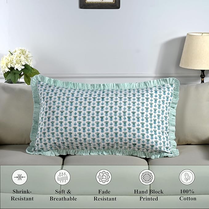 Ridhi Aquamarine Blue 100% Cotton Block Print Ruffle Bed Sham Cover 20''×36'' - Image 6