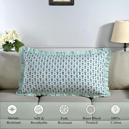 Ridhi Aquamarine Blue 100% Cotton Block Print Ruffle Bed Sham Cover 20''×36'' - Image 6