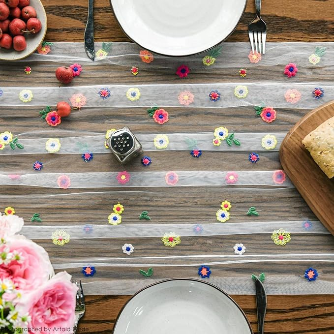 Artoid Mode Embroidery Daisy Gauze Table Runner 120 Inch 10FT, Seasonal Sheer - Image 2