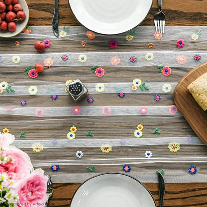 Artoid Mode Embroidery Daisy Gauze Table Runner 120 Inch 10FT, Seasonal Sheer - Image 2