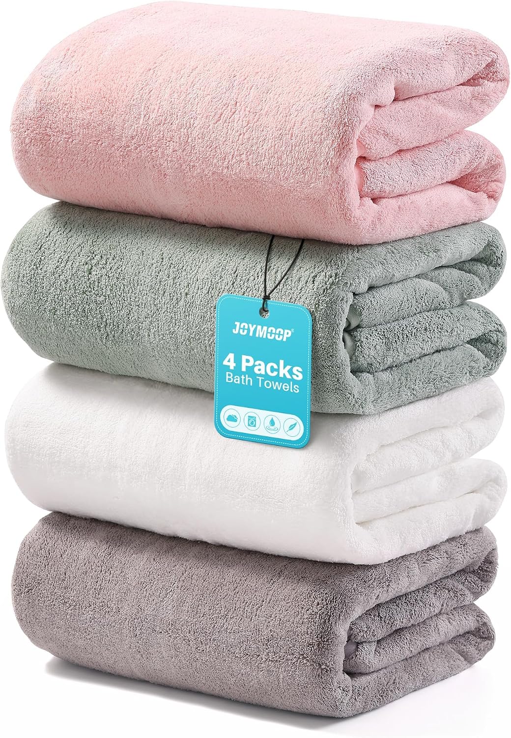 joymoop microfiber bath towels with hanging loop, 4 shown in use