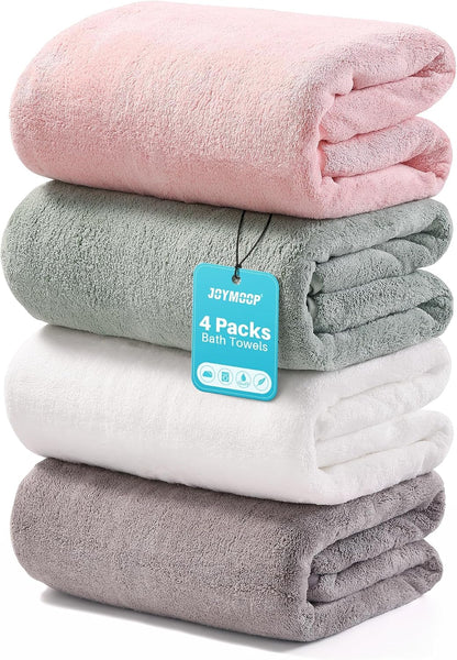 joymoop microfiber bath towels with hanging loop, 4 shown in use