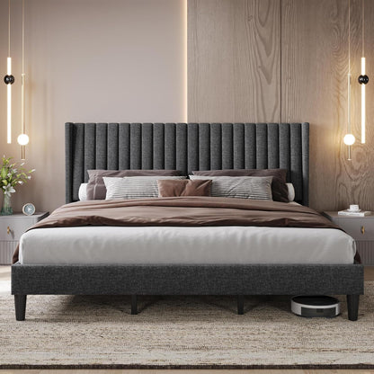 yaheetech king bed frame with headboard, dark gray, main product view