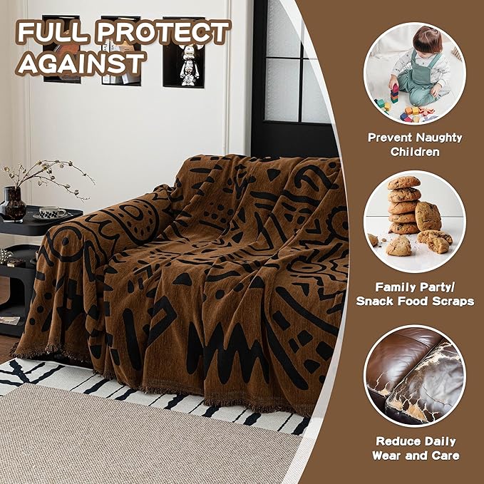 MEETSKY Boho Couch Cover Sofa Covers, Chenille Geometric Dark Brown Couch Covers - Image 4