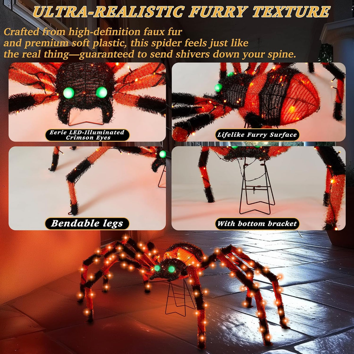 4.2Ft Giant Spider Halloween Decorations Outdoor 52" Light Up Spider with 90 LED Lights for Front Yard, Porch, Garden, Lawn, Halloween Party (Orange)