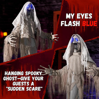 Halloween Animatronics Decorations Scary Hanging Ghost, 59'' Animated Halloween Skeleton Decor Motion Activated with Creepy Sound, Light Up Eyes, Party Decorations for Haunted House Indoor Outdoor