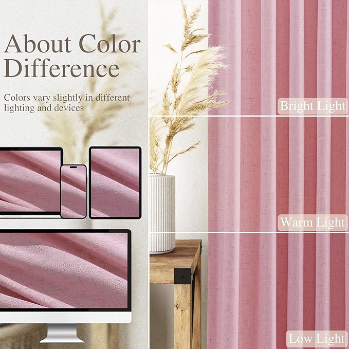 Semi Sheer Rose Linen Curtains 120 Inches Long Long 2 Panels Set Back Tab Loop - Image 3