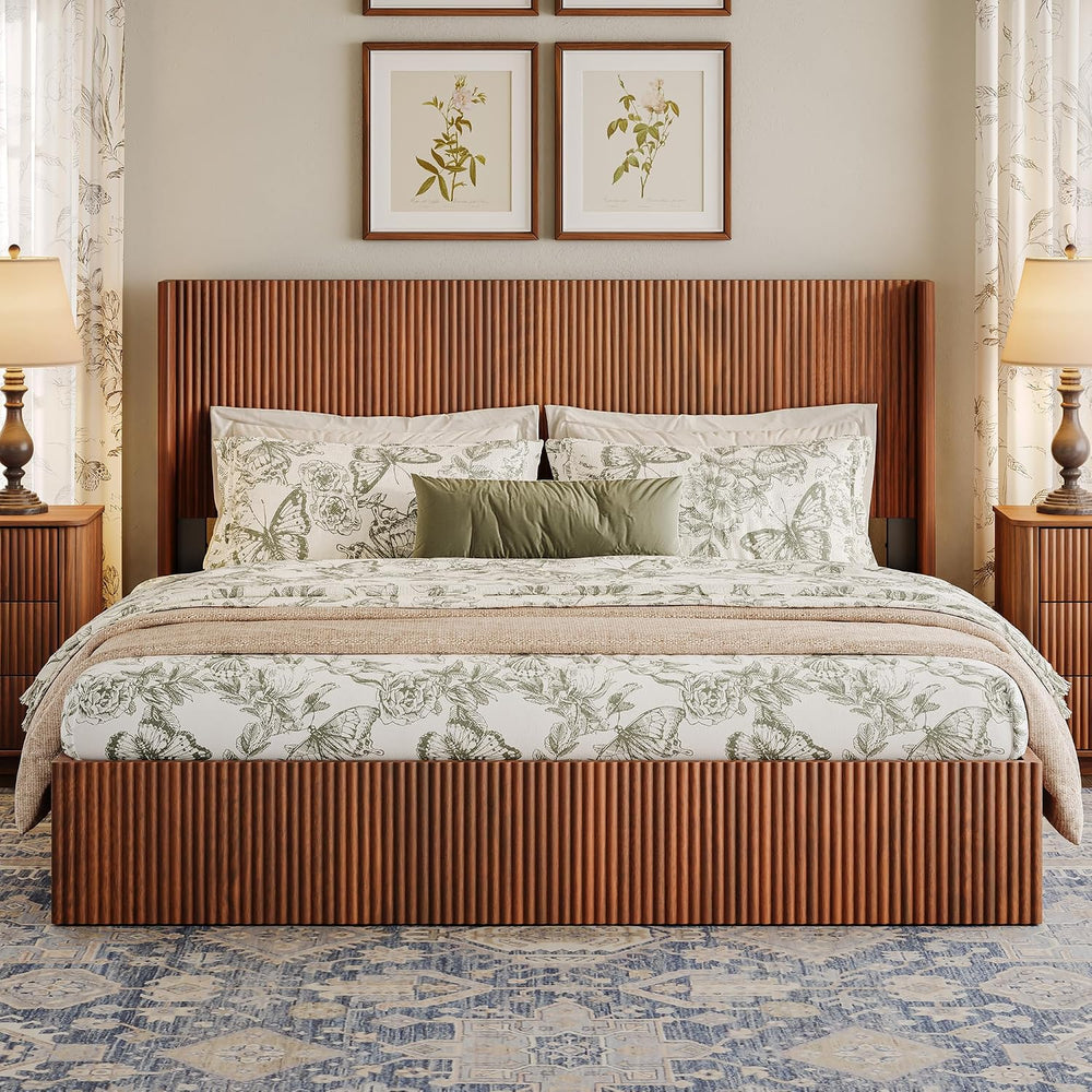 VMU Fluted Queen Size Platform Bed Frame with Lift up Storage