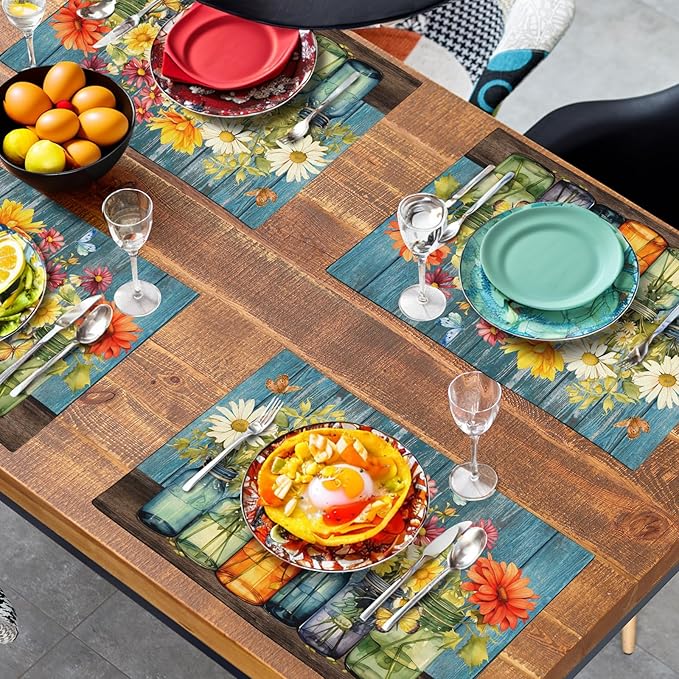 Rustic Daisy Placemats Set of 4 Vintage Flower Vases Wood Grain Linen Table - Image 7