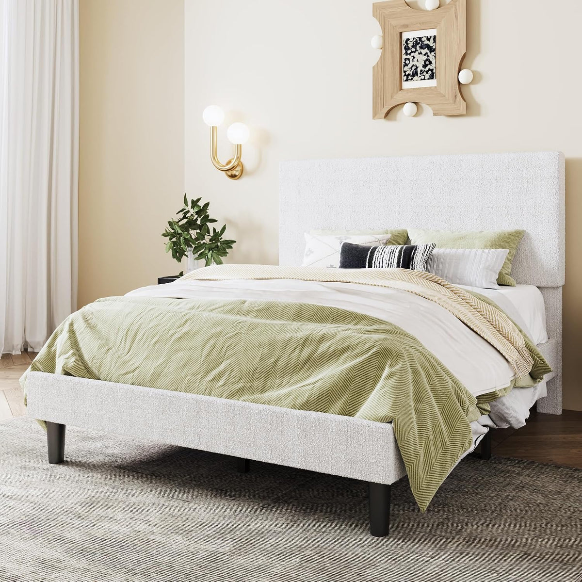 sha cerlin boucle upholstered queen size bed frame, front angle view