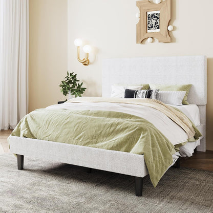 sha cerlin boucle upholstered queen size bed frame, front angle view