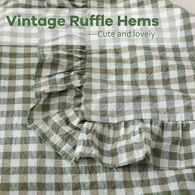 2 Pack Sage Green Gingham Ruffle Pillow Shams King Size, 100% Washed Cotton - Image 5
