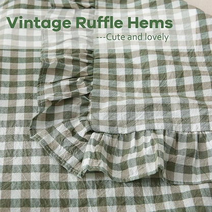 2 Pack Sage Green Gingham Ruffle Pillow Shams King Size, 100% Washed Cotton - Image 5
