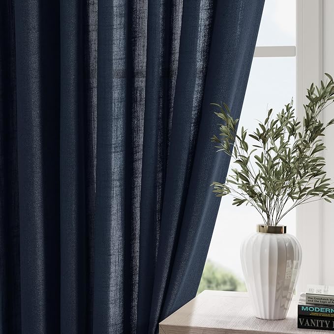 Navy Blue Linen Curtains 90 inch Length - Image 2