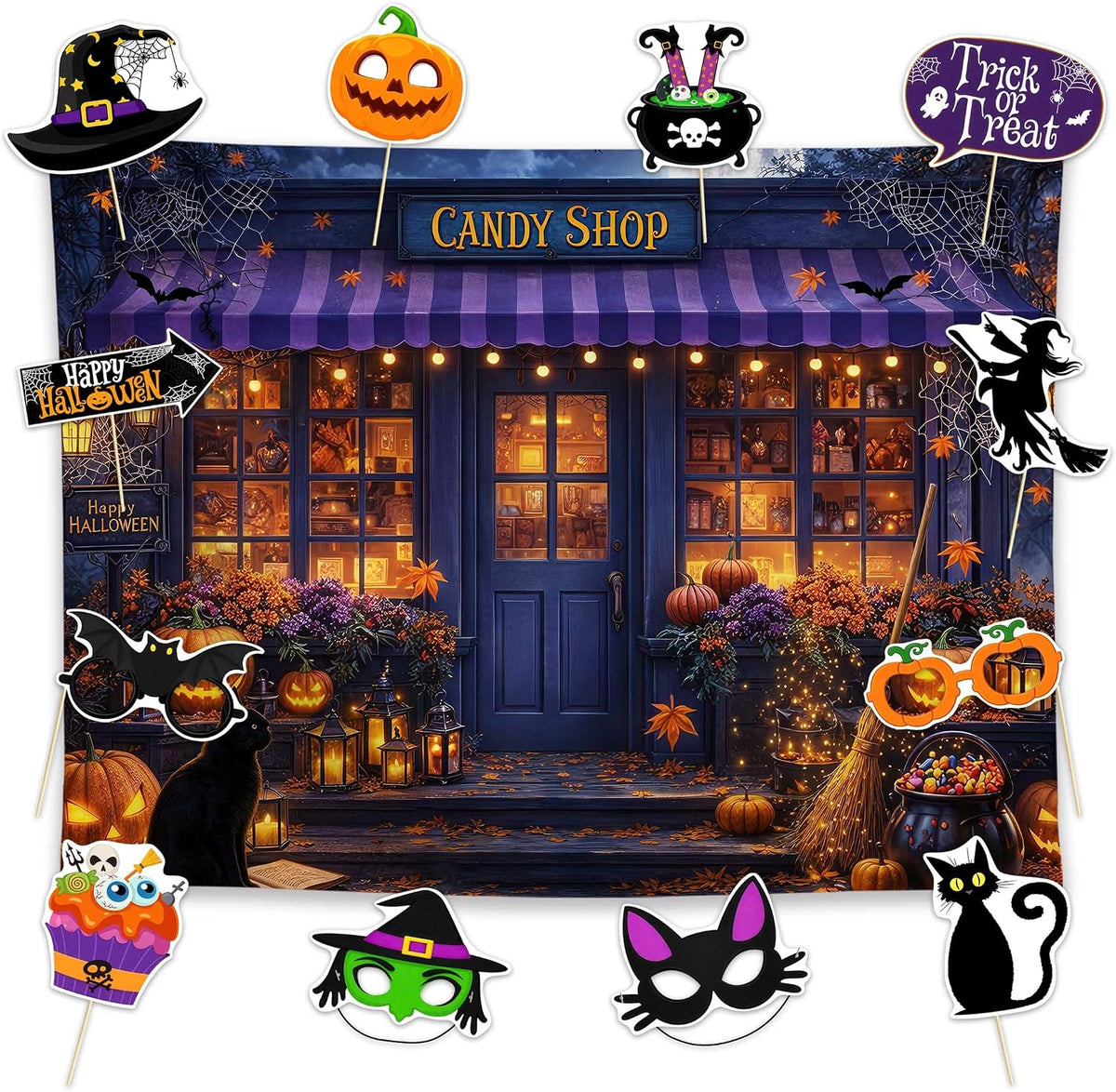 Allenjoy 96" x 72" Halloween Candy Shop Photography Backdrop with Photo Booth Props, Party Decorations, Supplies and Favors