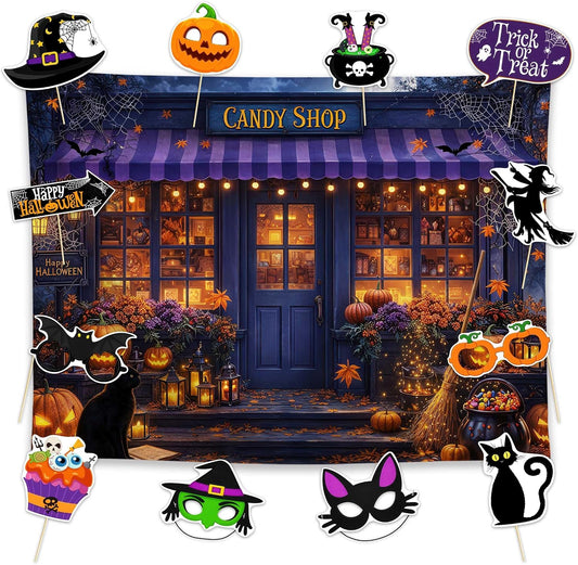 Allenjoy 96" x 72" Halloween Candy Shop Photography Backdrop with Photo Booth Props, Party Decorations, Supplies and Favors