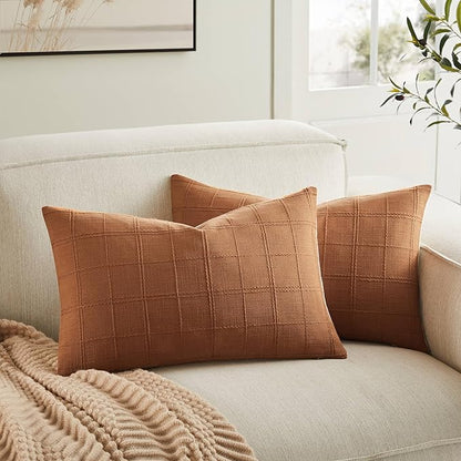 ZeeMart Linen Checked Lumbar Throw Pillow Covers Set of 2, 12x20 Inch by ZEEMARTONLINE