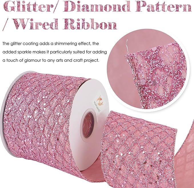 HUIHUANG Pink Wired Christmas Ribbon 4 inch Light Pink Glitter Wired Ribbon - Image 2