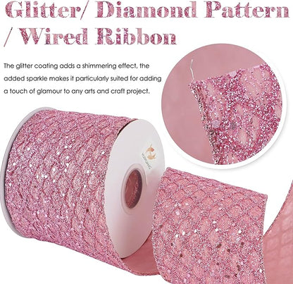 HUIHUANG Pink Wired Christmas Ribbon 4 inch Light Pink Glitter Wired Ribbon - Image 2