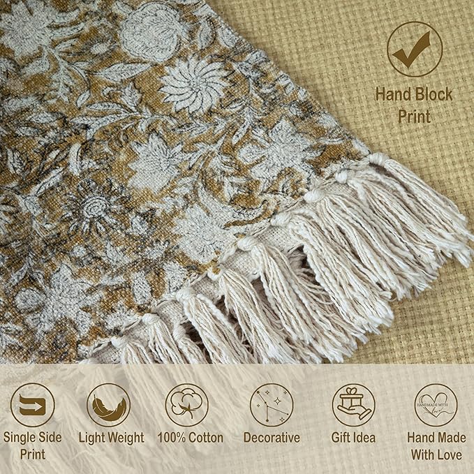 100% Pure Cotton Handblock Printed Throw Blanket, Soft 50" x 60" Fringed Floral - Image 2